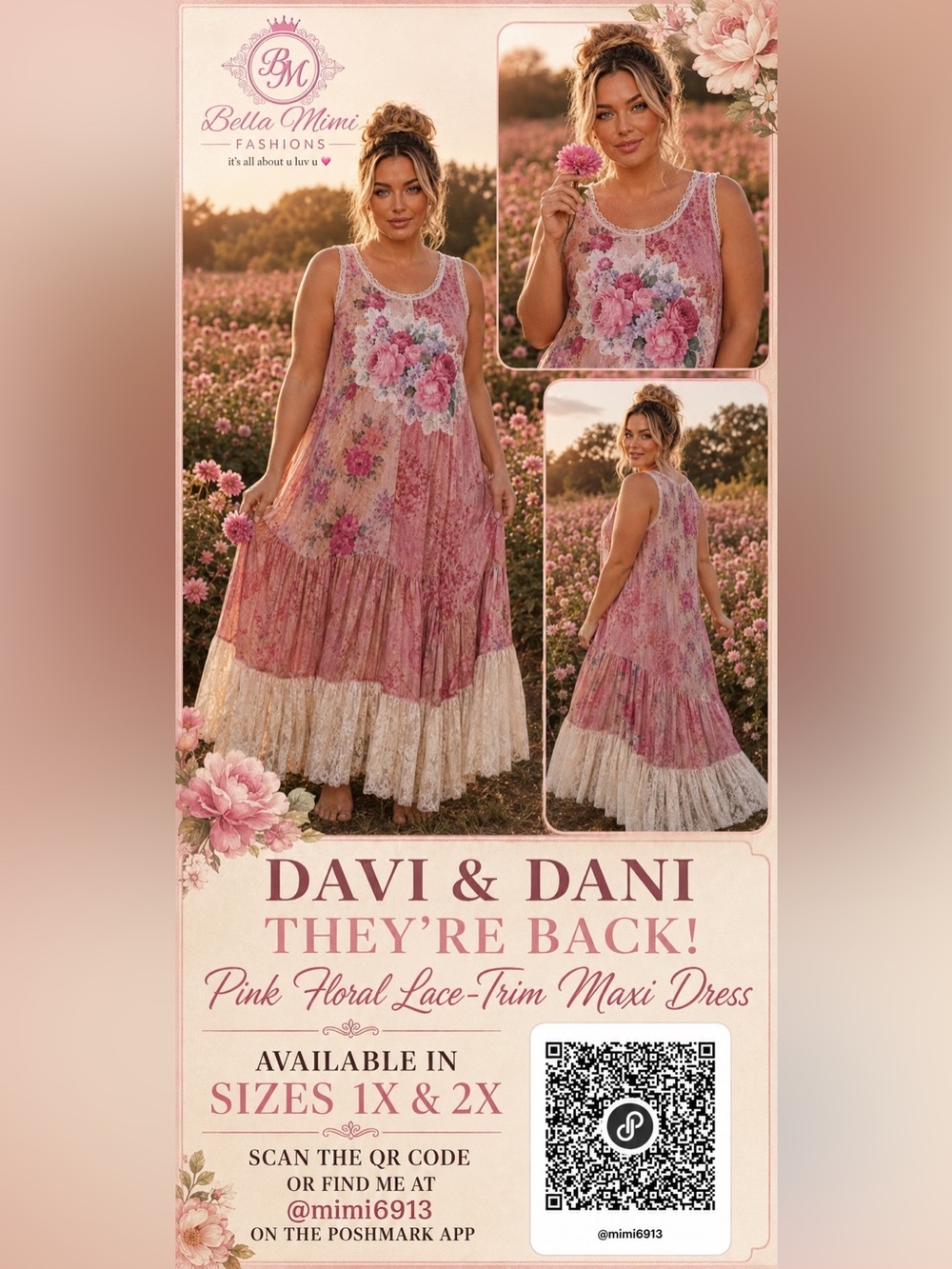 Davi & Dani Pink Floral Lace-Trim Maxi Dress 1X and  2X 🌸🌺🌹 Flyer only for show